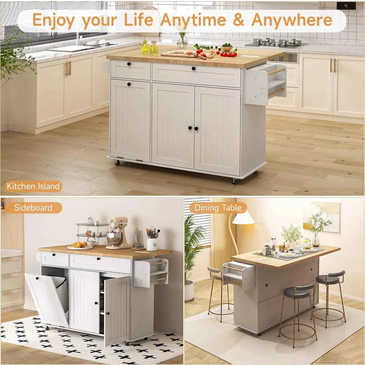 60" Mobile Kitchen Island Cabinet. Table Drop Leaf for additional space. With  Power Outlet, Spice & Towel Racks, Drawers and knife holders, Trash