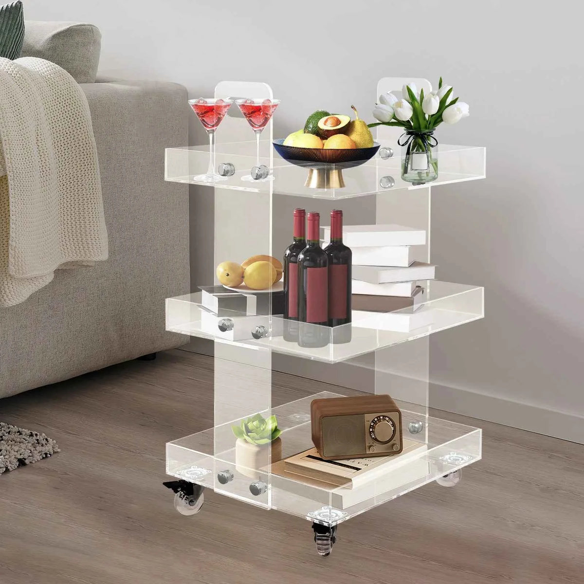 -Tier Acrylic Mobile Storage Cart with Wheels Clear Multifunctional Utility Rolling Trolley and is 41.6x34x70cm