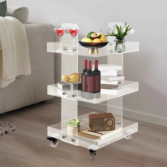 -Tier Acrylic Mobile Storage Cart with Wheels Clear Multifunctional Utility Rolling Trolley and is 41.6x34x70cm