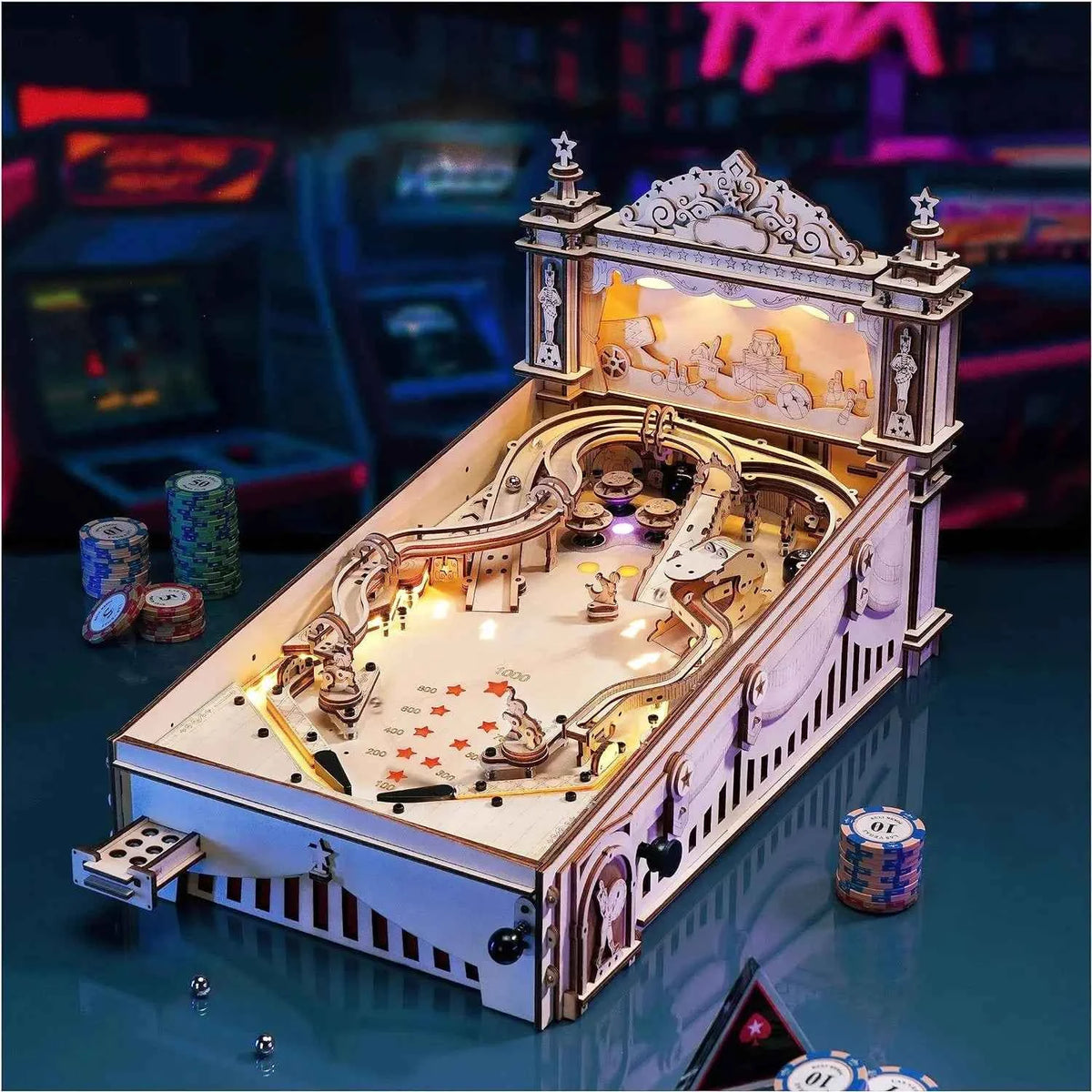 Robotime 3D Pinball Machine Puzzle Amusing Table Game. Mechanical Wooden Model Building Kits for Adult 14+ Teens
