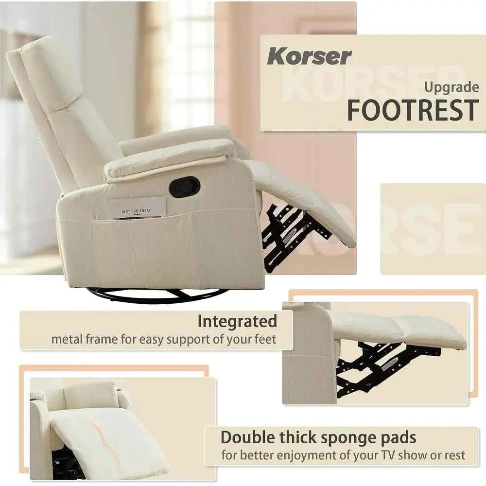 Beige Chenille Swivel Rocking Recliner Chair for Adults and Small Nursery Rooms