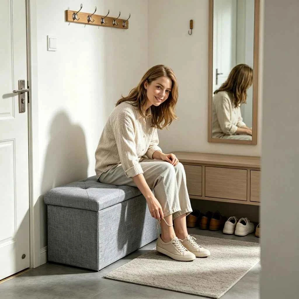 Folding Storage Ottoman Bench and Cube, Gray Tufted Fabric. Storage Chest Footrest Seat with 400 lb Capacity for Bedroom Entryway Living Room, Multiple Sizes