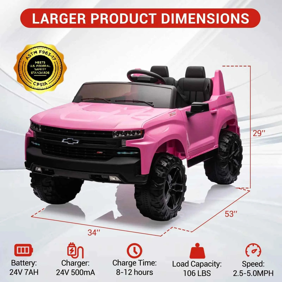 24V 2 Seater Kids Electric Ride On Truck With Parent Remote Control, Dual Motors, Spring Suspension, Music, LED Light