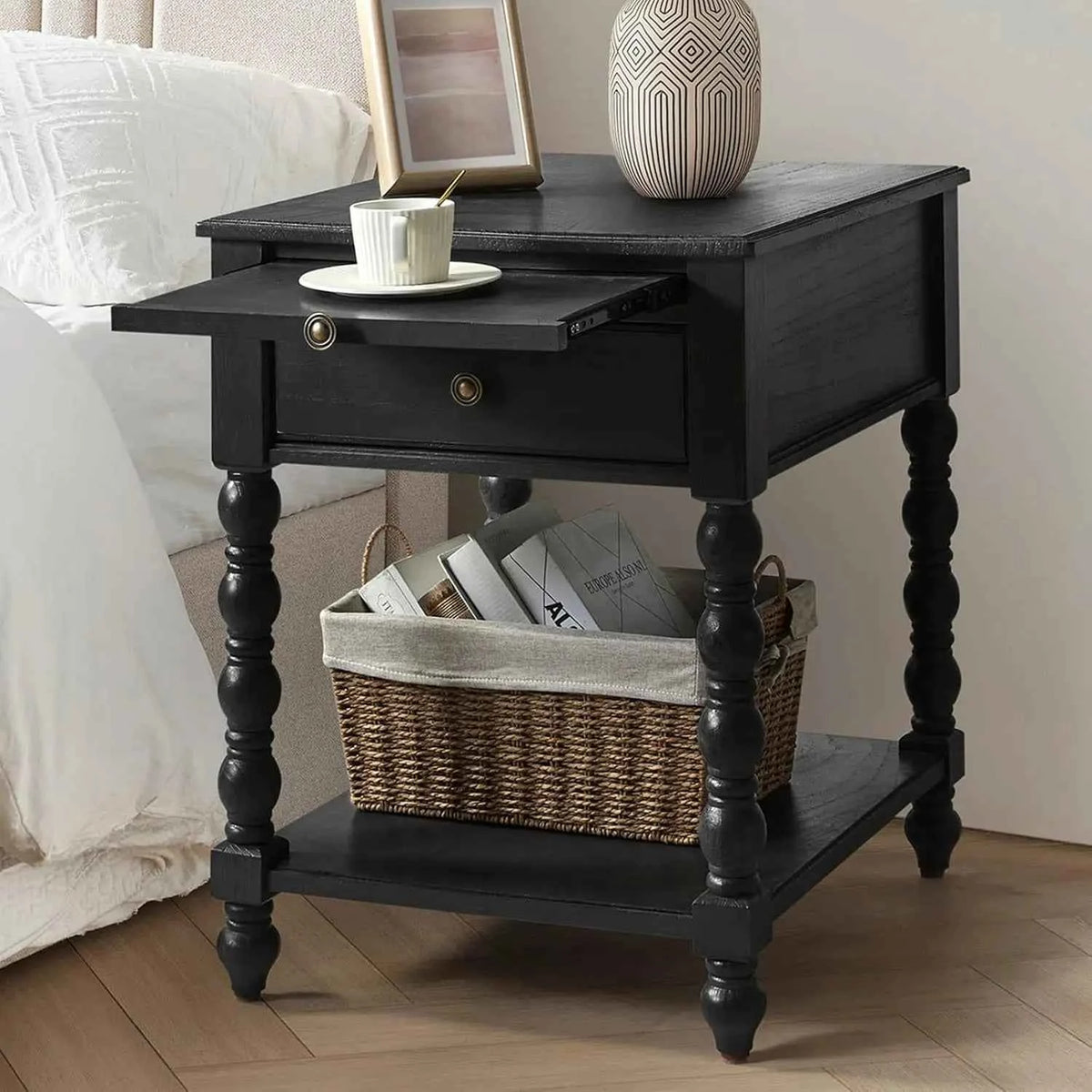 Solid Wood Spindle Nightstand with Charging Station, Drawer, Shelf, and Pull-Out Side Table. Customized Bedroom Furniture