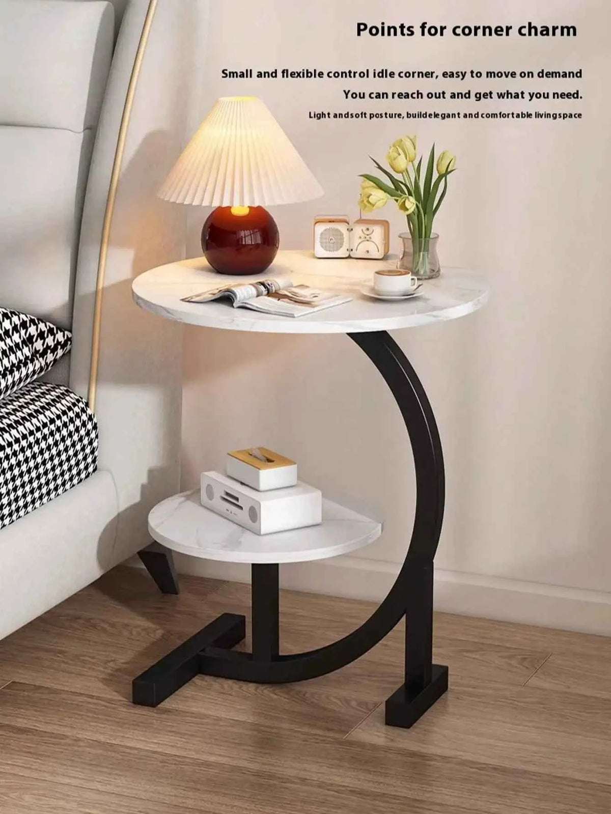 Round C Shaped 2 Tier Side Table with Modern Faux Marble.  Metal Frame. Space Saving and Small