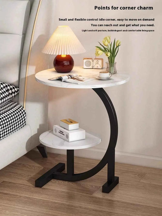 Round C Shaped 2 Tier Side Table with Modern Faux Marble.  Metal Frame. Space Saving and Small