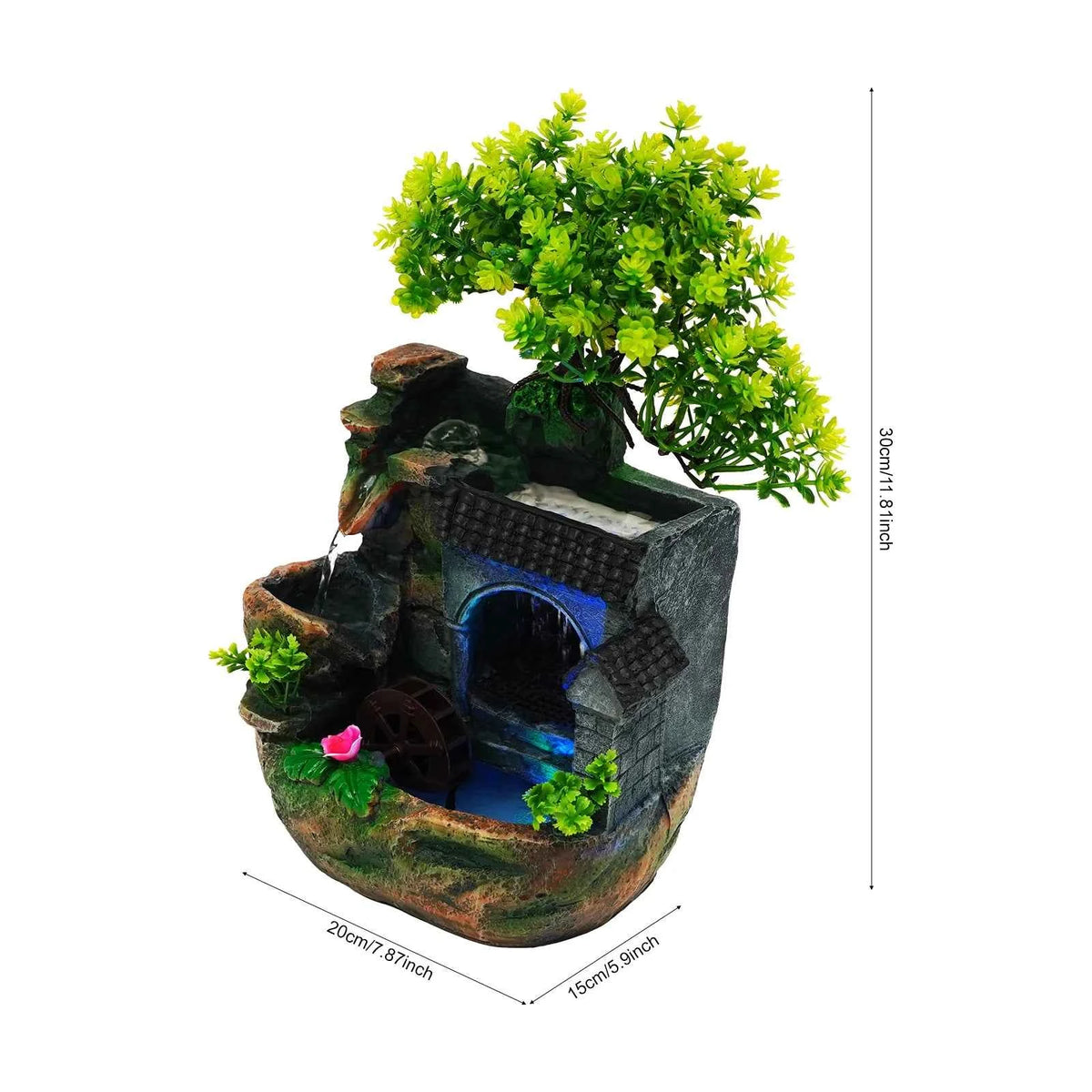 Tabletop Resin Water Fountain. Hand Carved Mini Desktop Waterfall with Color Changing LED Light. Adjustable Water Pump. Natural Landscape Decor