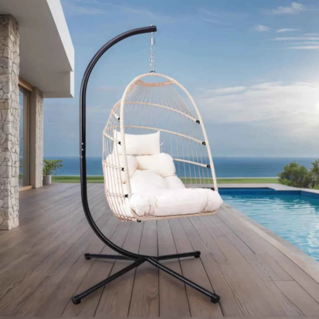 Outdoor Egg Chair with Stand, 350 Lbs Wicker Patio Hanging Chair, Folding Swing Hammock Chair with Cushion for Indoor, Porch, Garden