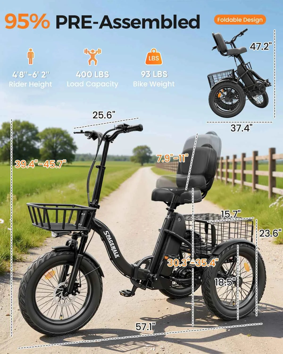 Spacewalk 1200W Peak Electric Trike for Adults, 48V, 15Ah Battery, 3 Wheel Electric Bike with 60 Miles Range, 18×3.0 Fat Tires, Dual Disc Brakes, Rear Cargo Basket, Adjustable Comfort Seat, Folding E Tricycle for Seniors-Bla