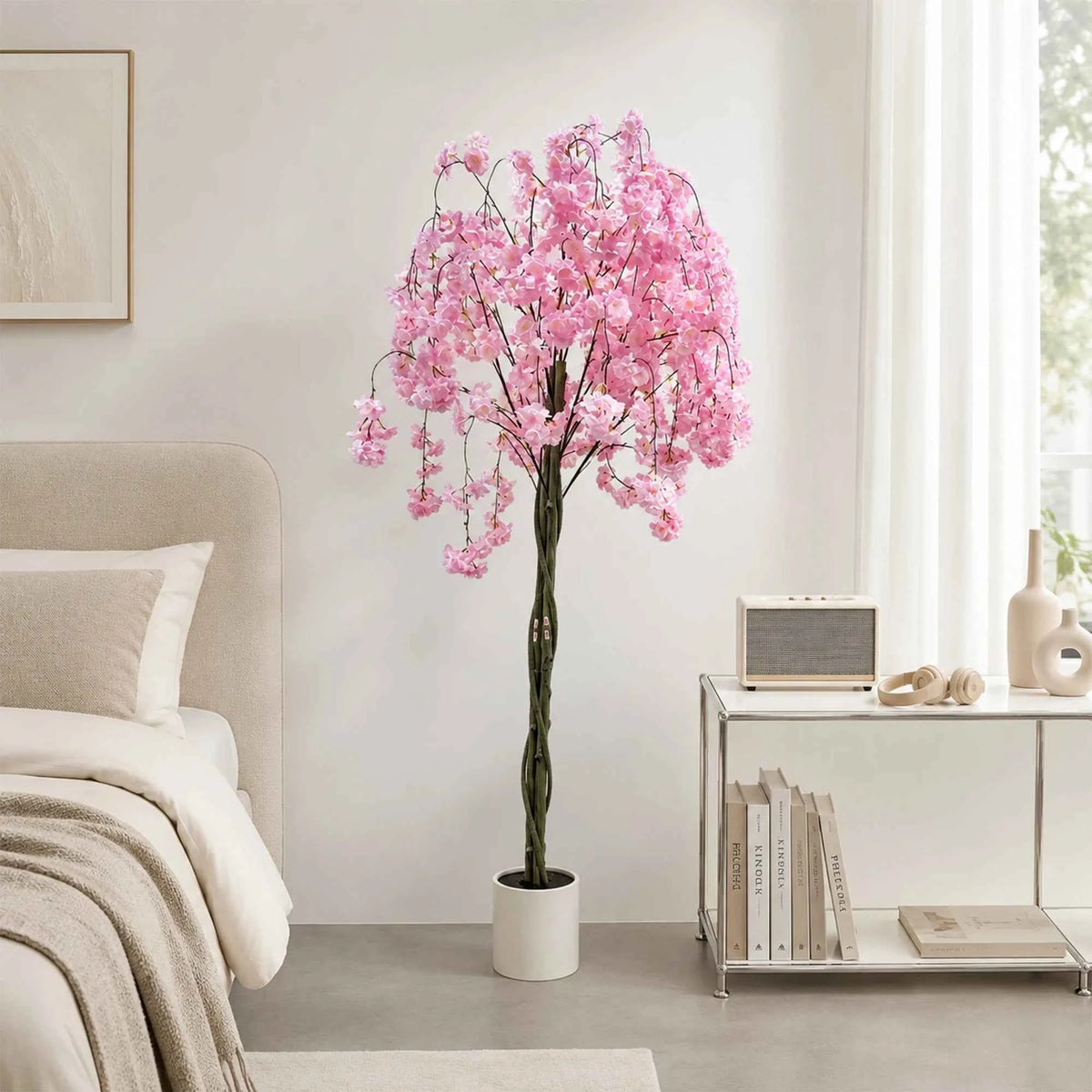 Artificial Cherry Blossom Tree, White Flower Faux Plant in Pot for Home,Office,Wedding,Garden,Party,Hotel Decoration