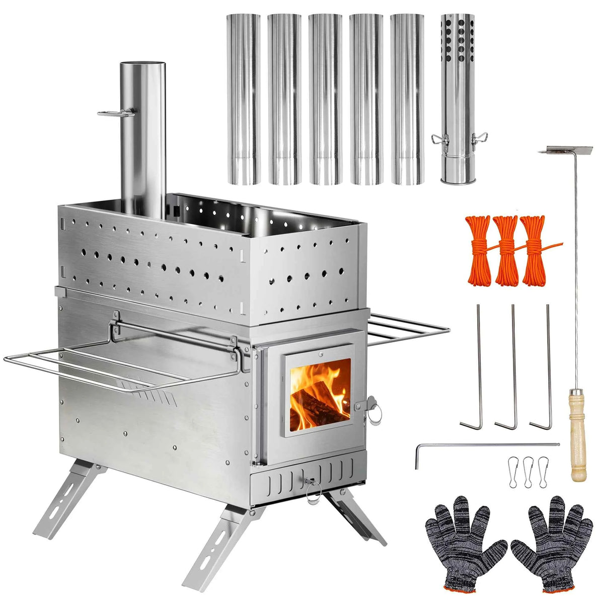 UNHO tent stove, portable wooden stove, large stainless steel tent fireplace, equipped with 6 chimney pipes, suitable for outdoor heating, cooking, hunting, barbecue and ice fishing.