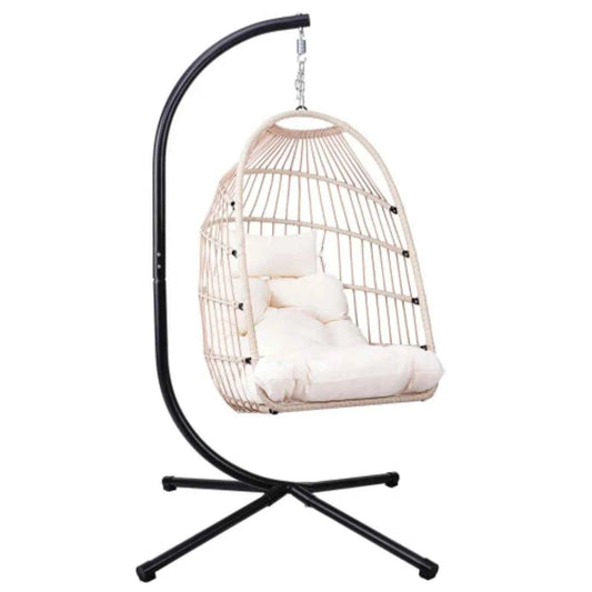 Outdoor Egg Chair with Stand, 350 Lbs Wicker Patio Hanging Chair, Folding Swing Hammock Chair with Cushion for Indoor, Porch, Garden