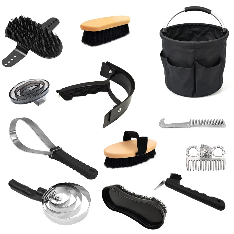 12 PCS Horse Grooming Kit, Large Capacity Foldable Storage Bucket, Horse Brush, Comb, Sweat Scraper, Hoof Pick Set for Care Cleaning