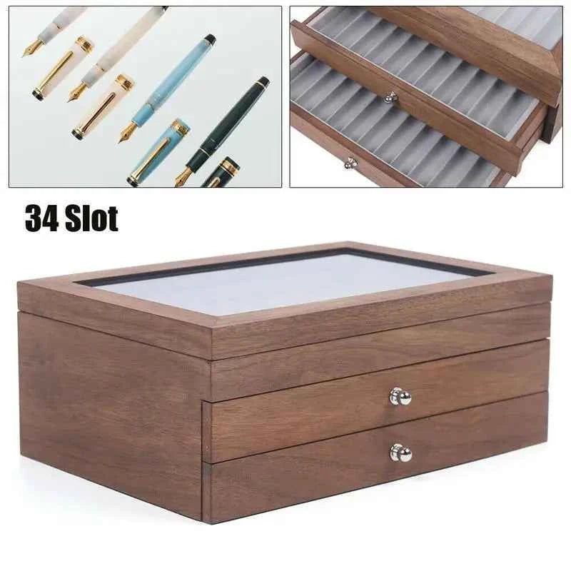 Pen Storage Case 34 Slots Walnut Wood Cabinet With Drawer Student Stationery Pen Display Show  Gift Case