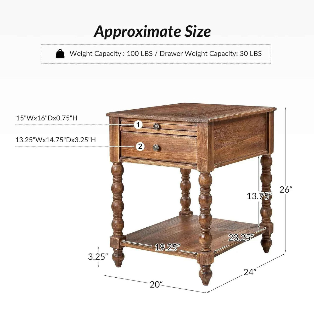 Solid Wood Spindle Nightstand with Charging Station, Drawer, Shelf, and Pull-Out Side Table. Customized Bedroom Furniture