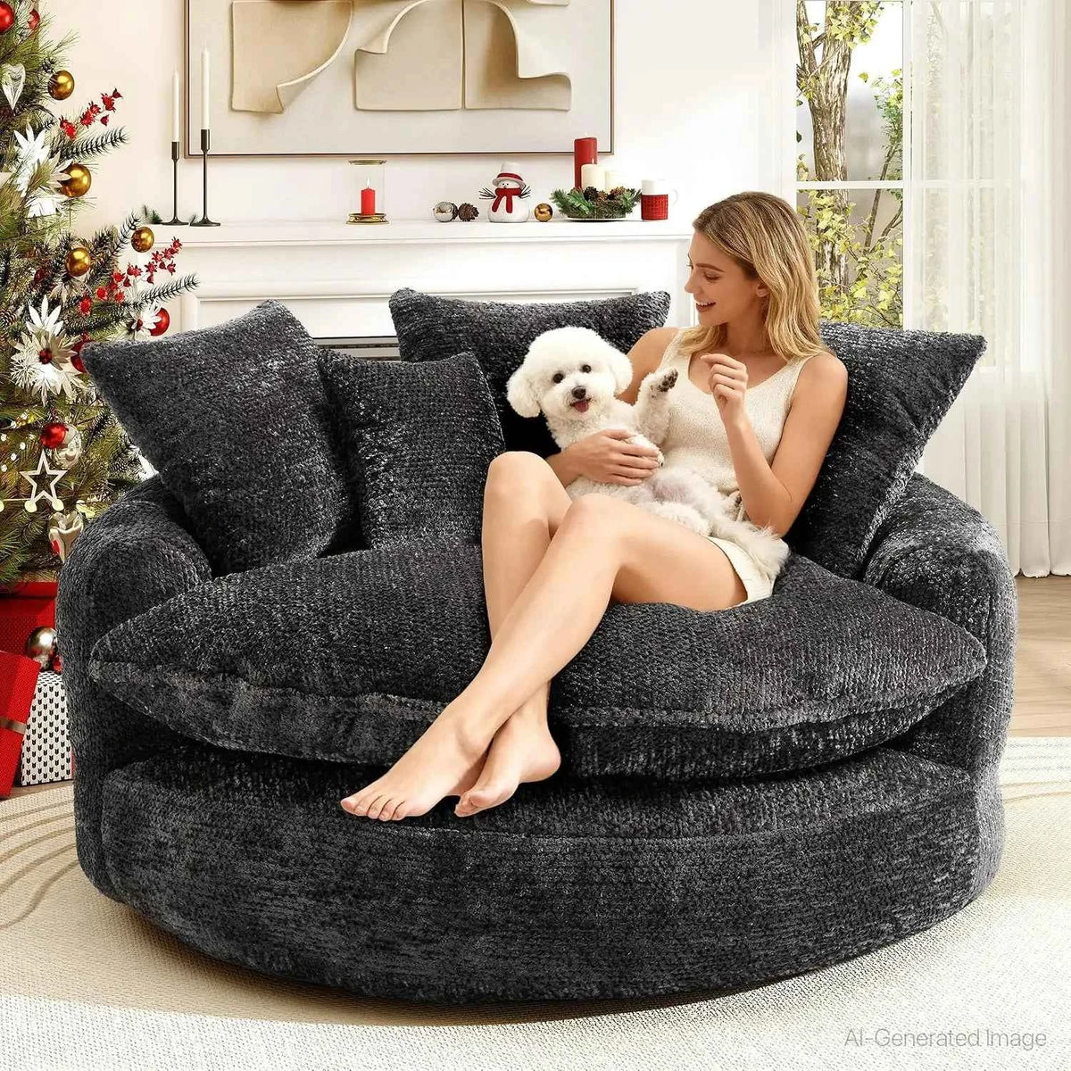 54.3" Round Chaise Lounge Chair, Modern Upholstered Boneless Couch with 5 Throw Pillows and Deep Seat
