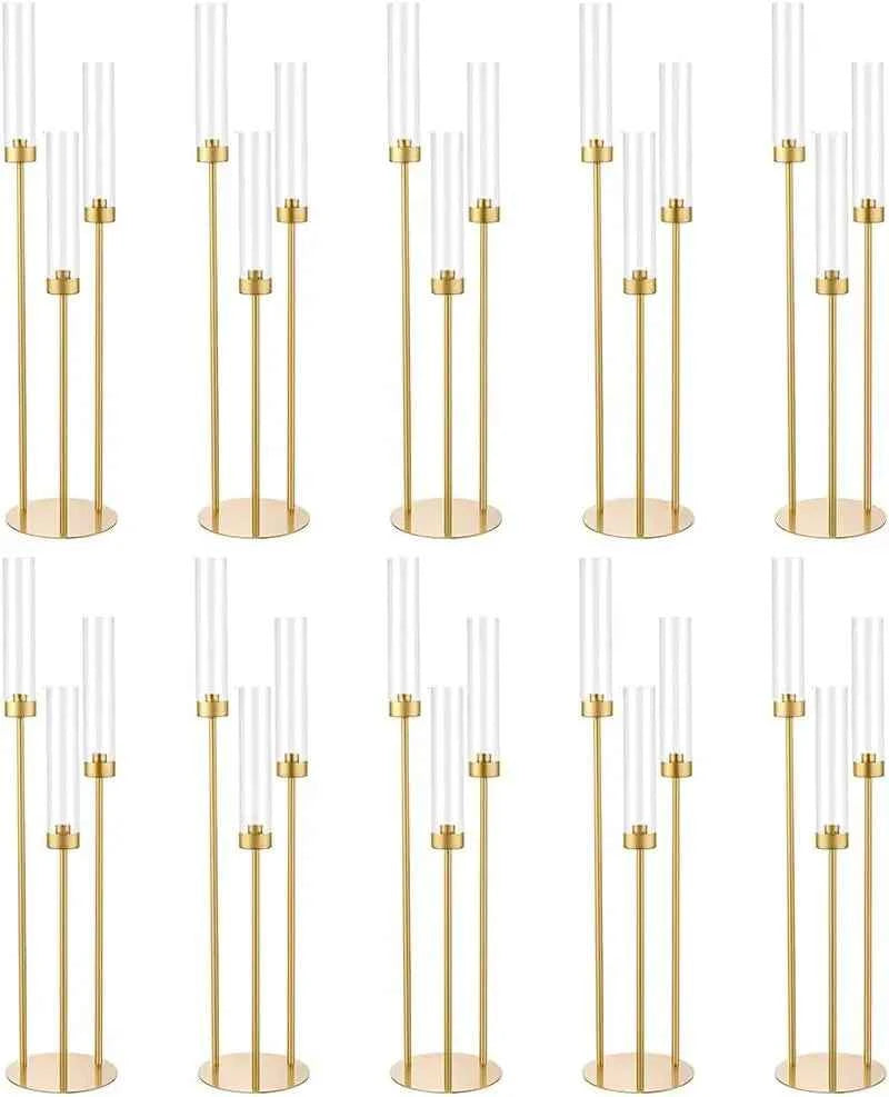 10PCS Gold 3 Arm Candelabra, 34" Tall  Taper Candle Holder Centerpiece for Many Special Events. Metal Candlestick