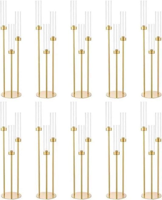 10PCS Gold 3 Arm Candelabra, 34" Tall  Taper Candle Holder Centerpiece for Many Special Events. Metal Candlestick