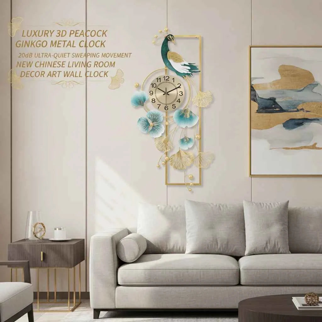 Peacock & Ginkgo Leaves Wall Clock 100x50cm, Modern Metal Wall Decor with Silent Sweep Movement, Decorative Art Clock, Gold