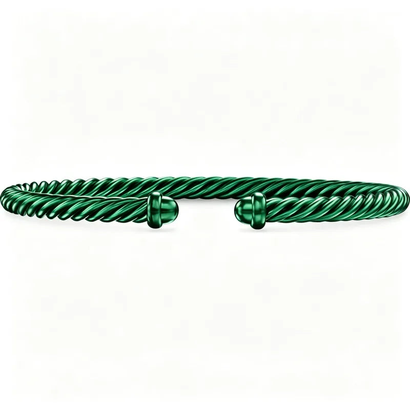 Women Green Aluminum Classic Cable Bracelet 4mm, Twisted Open Cuff Bangle with Ball Ends, Minimalist Daily Jewelry Gift