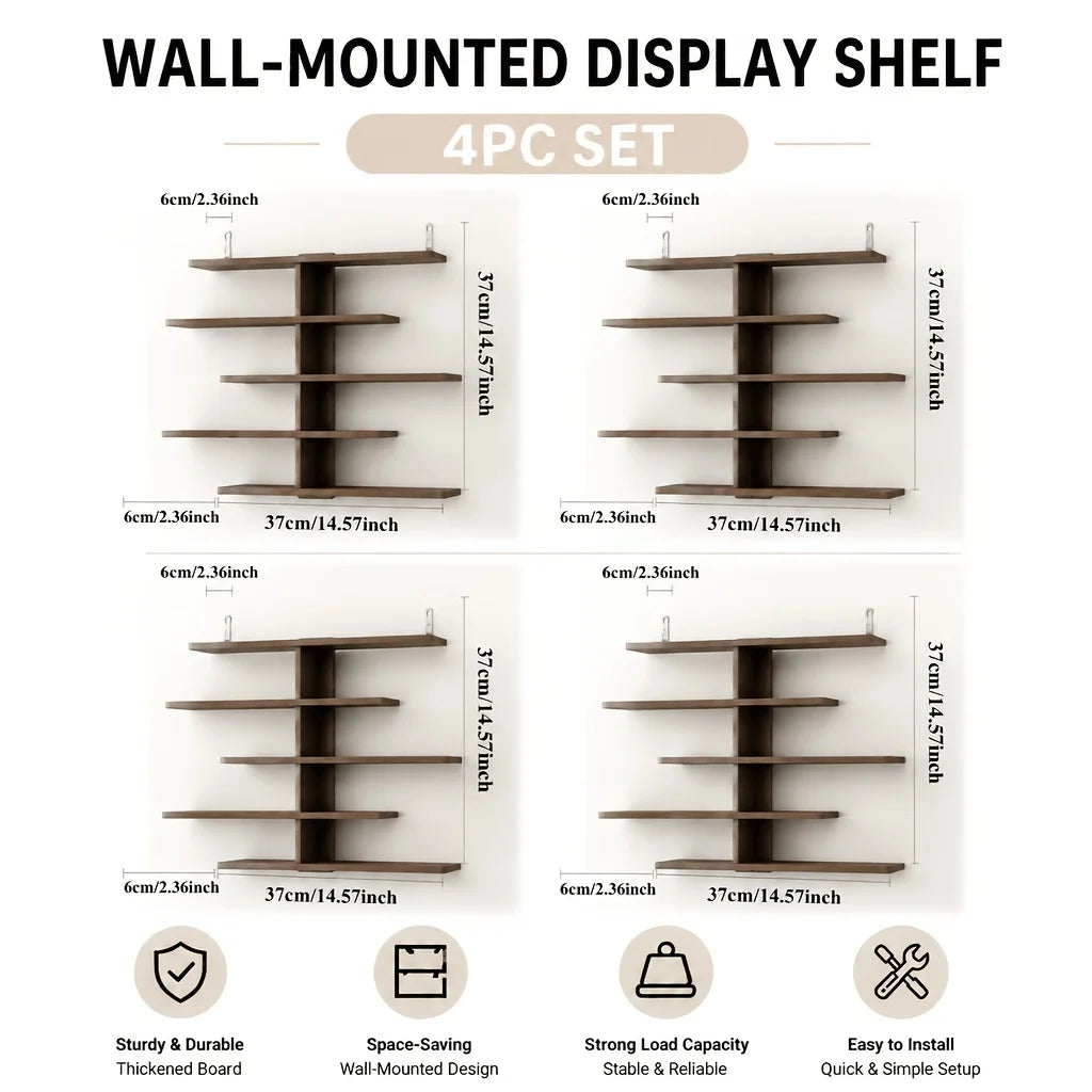 4-Piece Set of Collectible Floating Wall Racks, Multi-Tiered Wall Shelving Units, Versatile Display Stands, Suitable for Office and Home Decor, Ideal for Storing Statues and Small Figurines, Decorative Shelves, Functional Sto