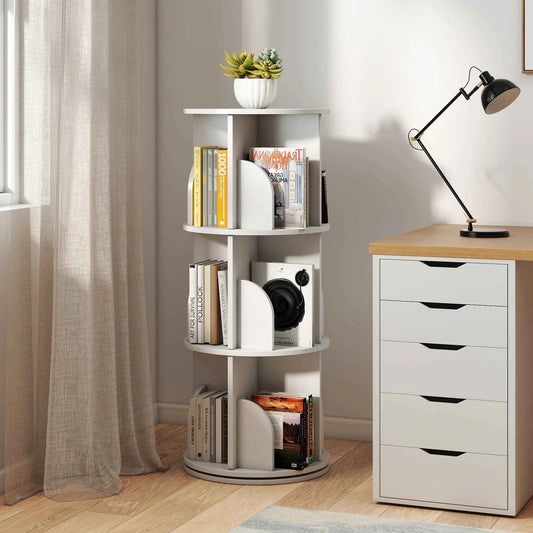 Rotating 3-Tier Bookshelf, 360° Spinning Corner Bookcase with Lazy Susan, White.  Space Saving Organizer. Adults & Kids, 15.75" Diameter