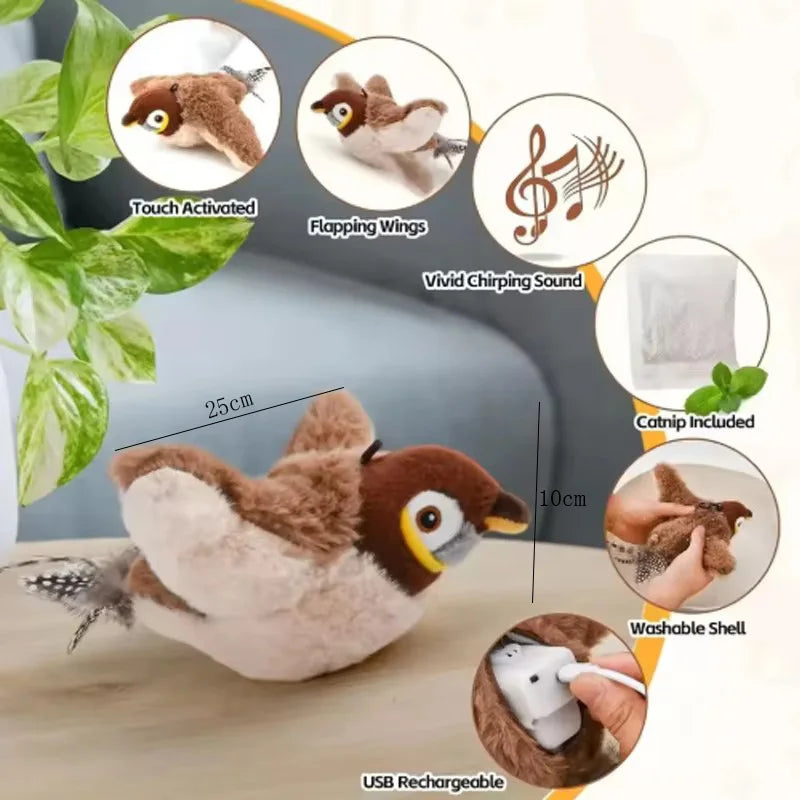 Simulated Bird Cat Toy that is Interactive. Rechargeable Chirping & Flapping Bird(no Flying) Touch Activated Plush Toy Pet
