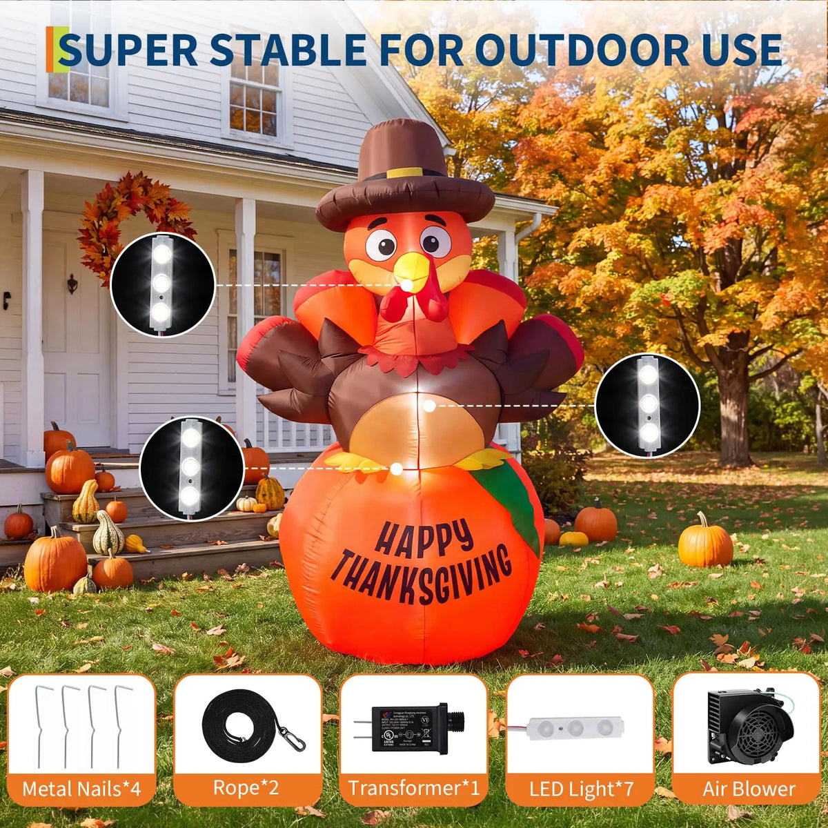 6ft Inflatable Thanksgiving Pumpkin and Turkey, With 7 Led Lights, Blower, Stakes & Ropes For Lawn, Porch, Garden.