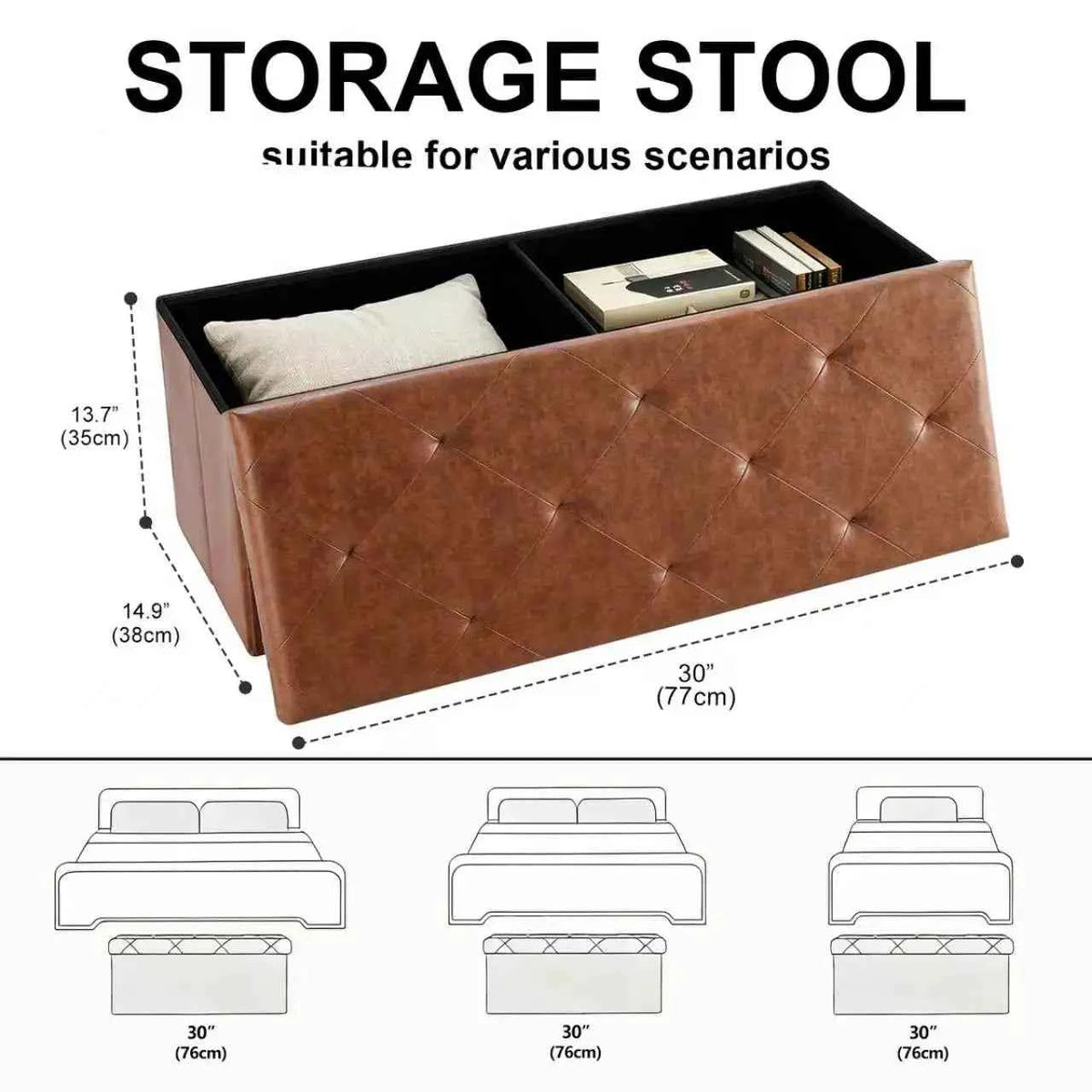 Tufted Faux Leather Storage Bench Folding Footrest Ottoman with 400lbs Weight Capacity,