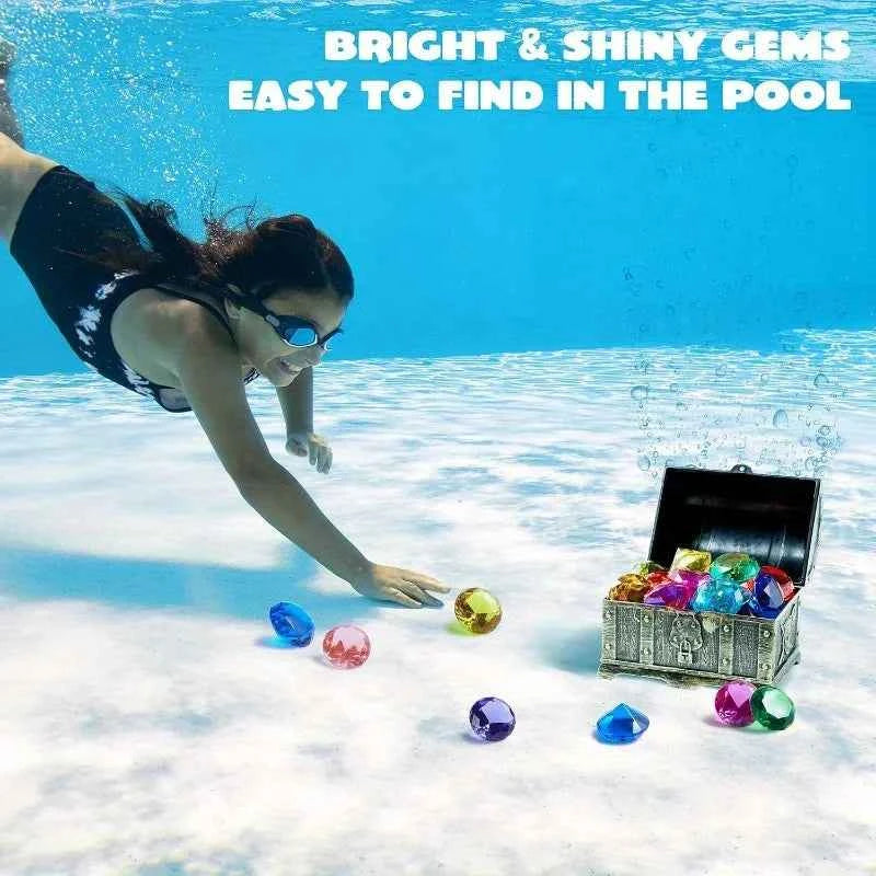 Joyfy Diving Gems Pool Toys. 16 Big Colorful Diamond with Pirate Treasure Chest for Kids Underwater Gemstone Swimming.