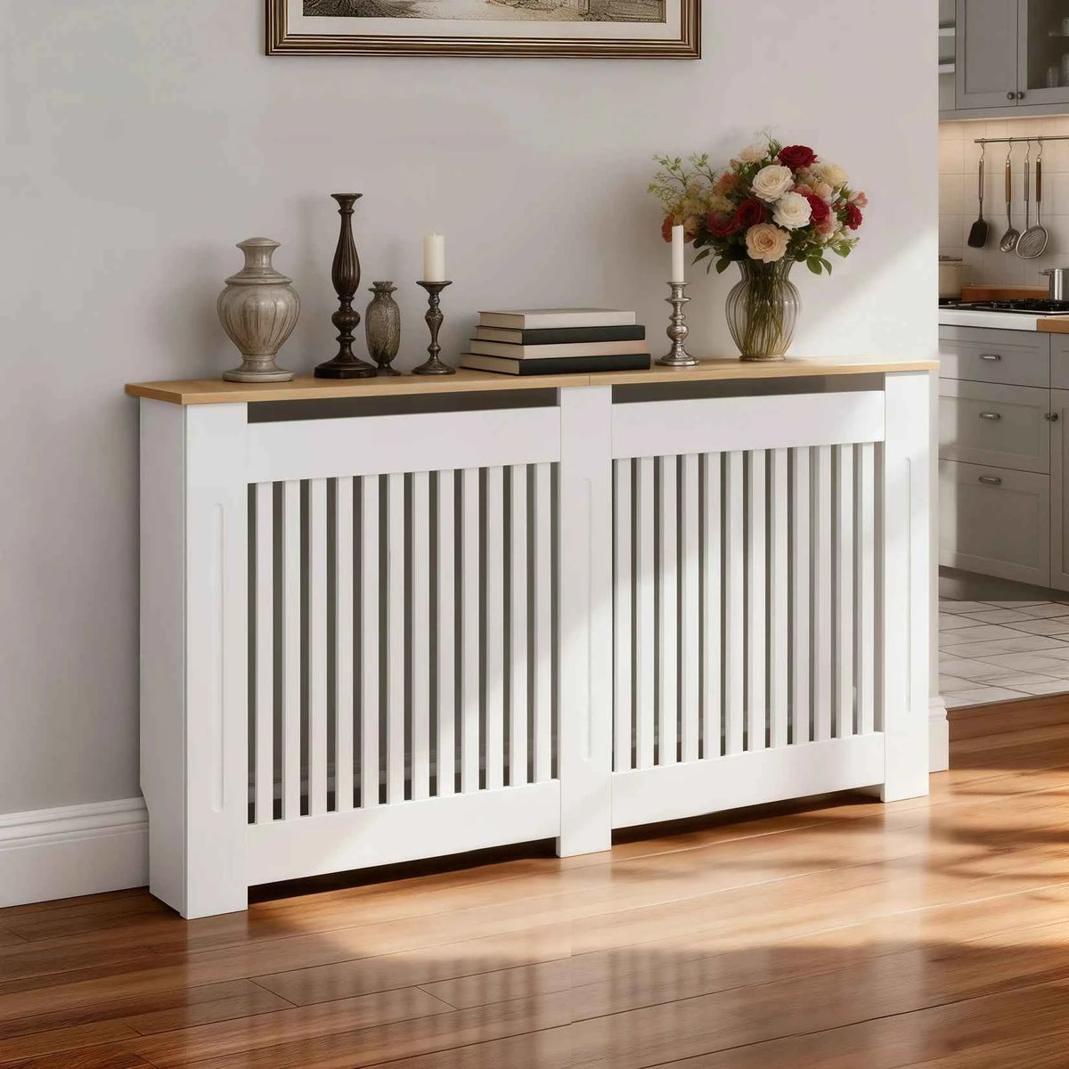 Modern Radiator Cover.  Decorative Heater Protector. Wall Vertical Slat Grill Shelf with MDF Wood Top