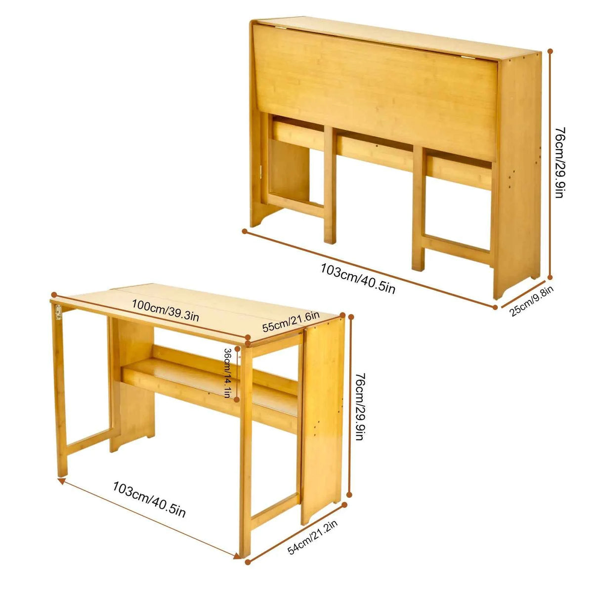 Bamboo Foldable Desk 40.6 Inch, Folding Desks for Small Spaces, Mid Century Small Computer Desk with Bookshelf. Brown, Primary Color
