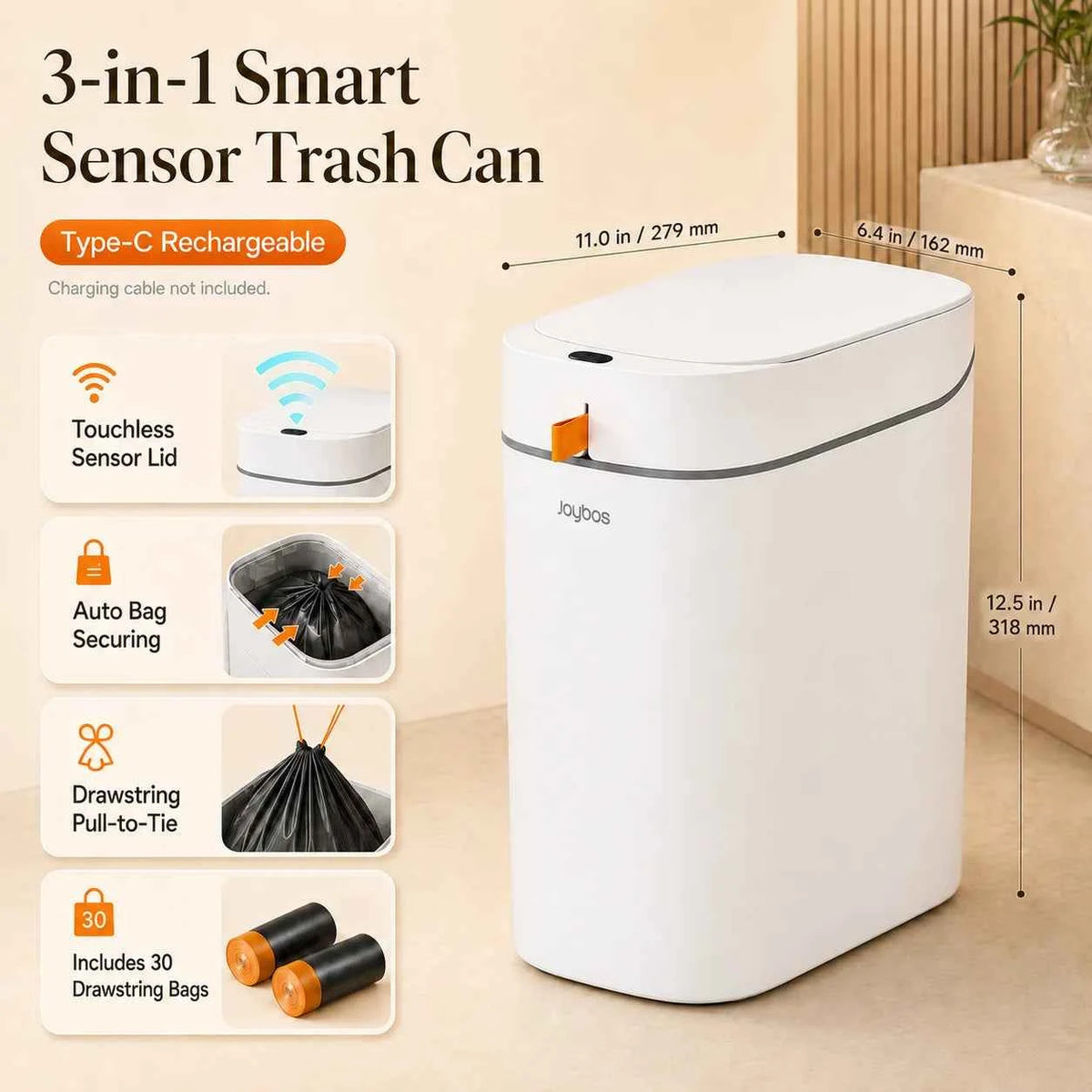 Joybos Smart Trash Can with Auto-Lining, Touchless Sensor Garbage Bin + Free Drawstring Bags, No-Mess Pull & Lift Wastebasket