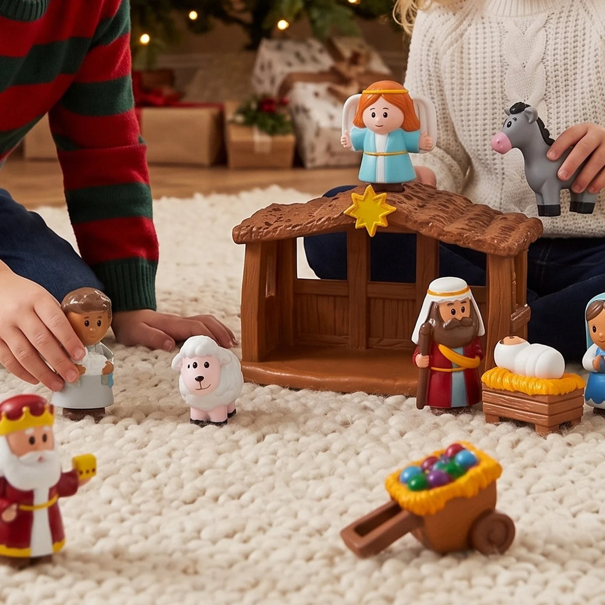 13pcs Christmas Story scene of baby Jesus in the manger. With the angels, animals, wise men. and a few other miniature items. That the kids can move around.