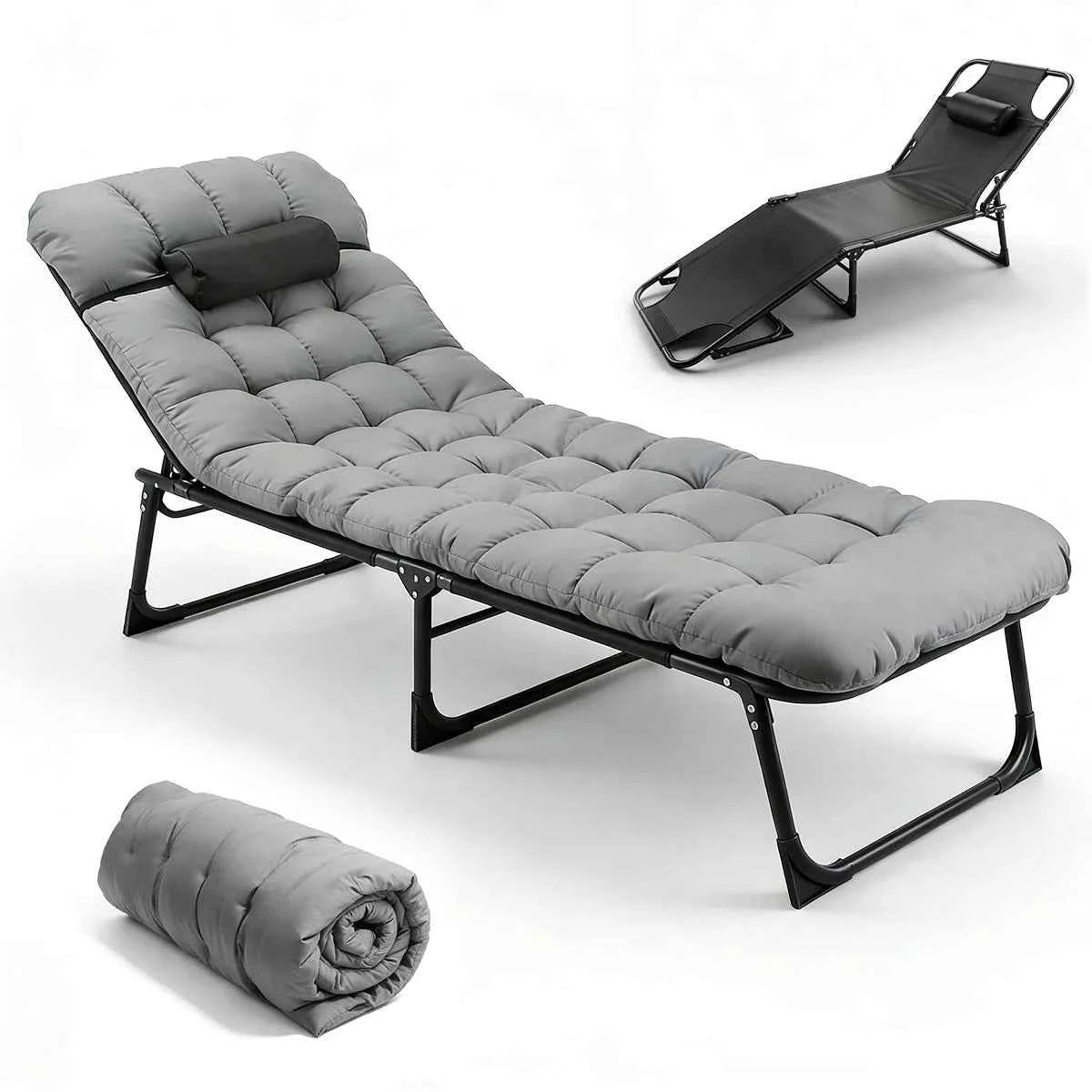 56cm Adjustable Folding Camping Lounge Chair with Removable Soft Cushion, 3 Position Reclining Portable Beach Tanning Chair, Heavy Duty 330 LBS Fold Up Outdoor Chaise Lounge for Pool Patio Office Napping Indoor & Backyard