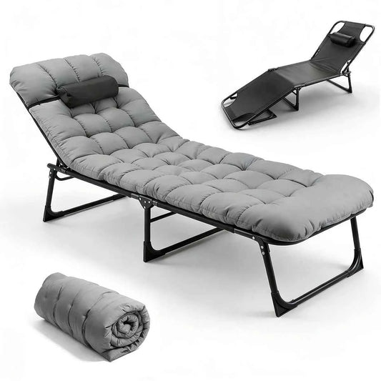 56cm Adjustable Folding Camping Lounge Chair with Removable Soft Cushion, 3 Position Reclining Portable Beach Tanning Chair, Heavy Duty 330 LBS Fold Up Outdoor Chaise Lounge for Pool Patio Office Napping Indoor & Backyard