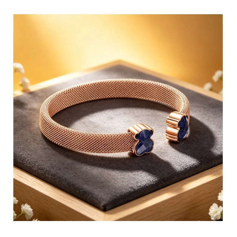Rose Gold Mesh Cuff Bracelet with Blue Bear Stone Charms, Elegant Jewelry for Women