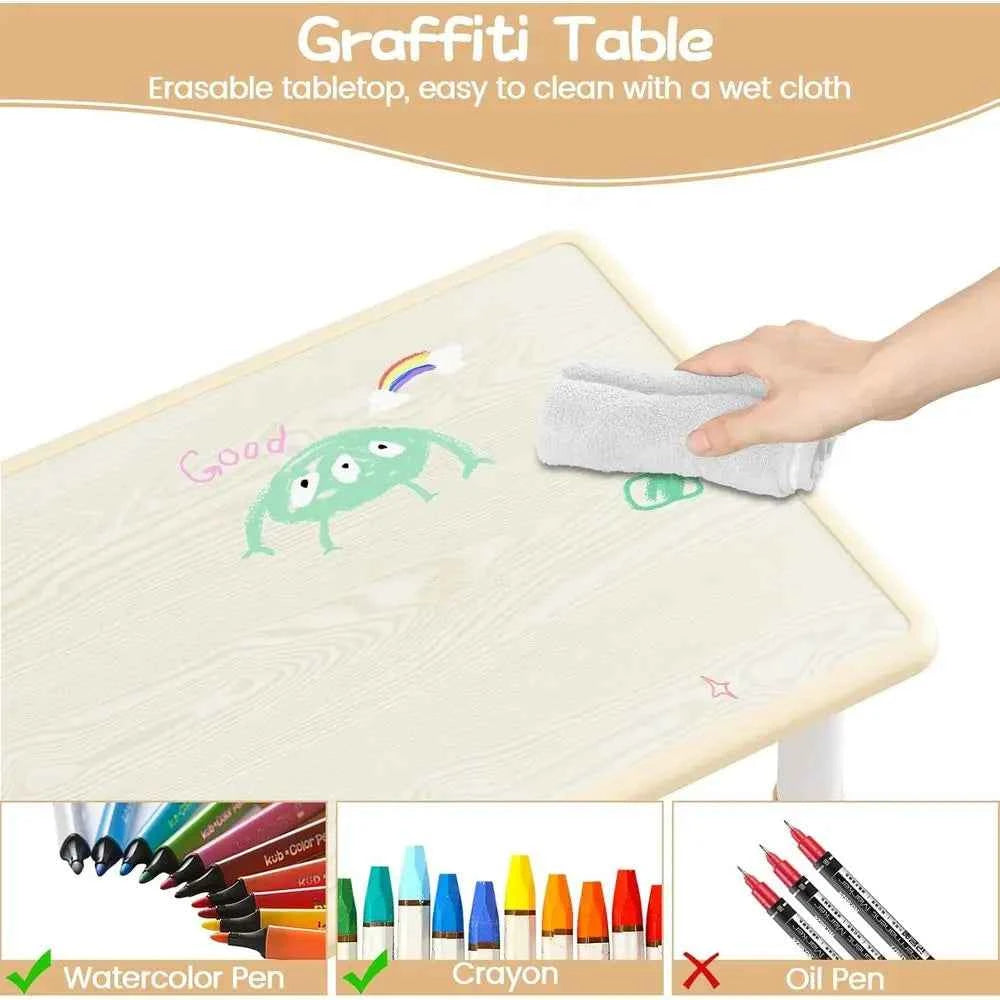 Kids Table And 6 Chairs Set. Height Adjustable Toddler Table. Ages 2-10.  Graffiti Desktop with Non-Slip Legs for Children