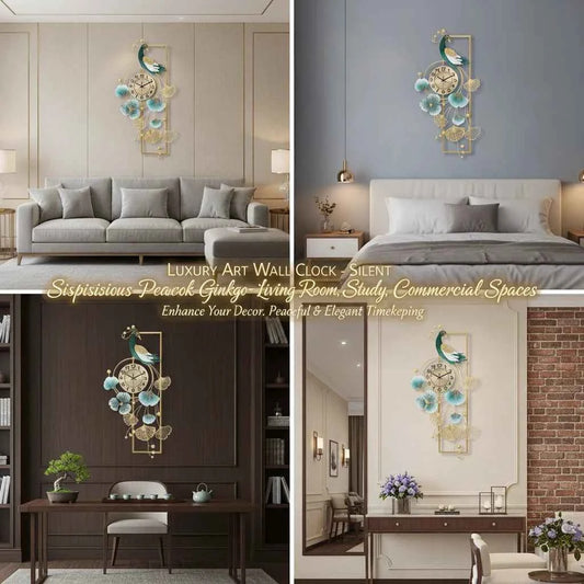 Peacock & Ginkgo Leaves Wall Clock 100x50cm, Modern Metal Wall Decor with Silent Sweep Movement, Decorative Art Clock, Gold