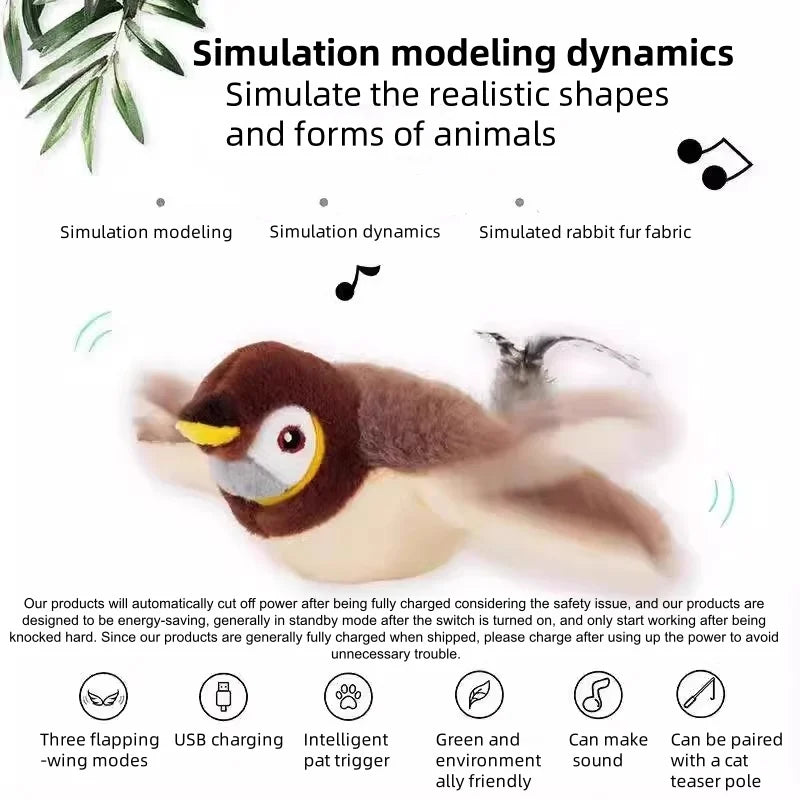 Simulated Bird Cat Toy that is Interactive. Rechargeable Chirping & Flapping Bird(no Flying) Touch Activated Plush Toy Pet