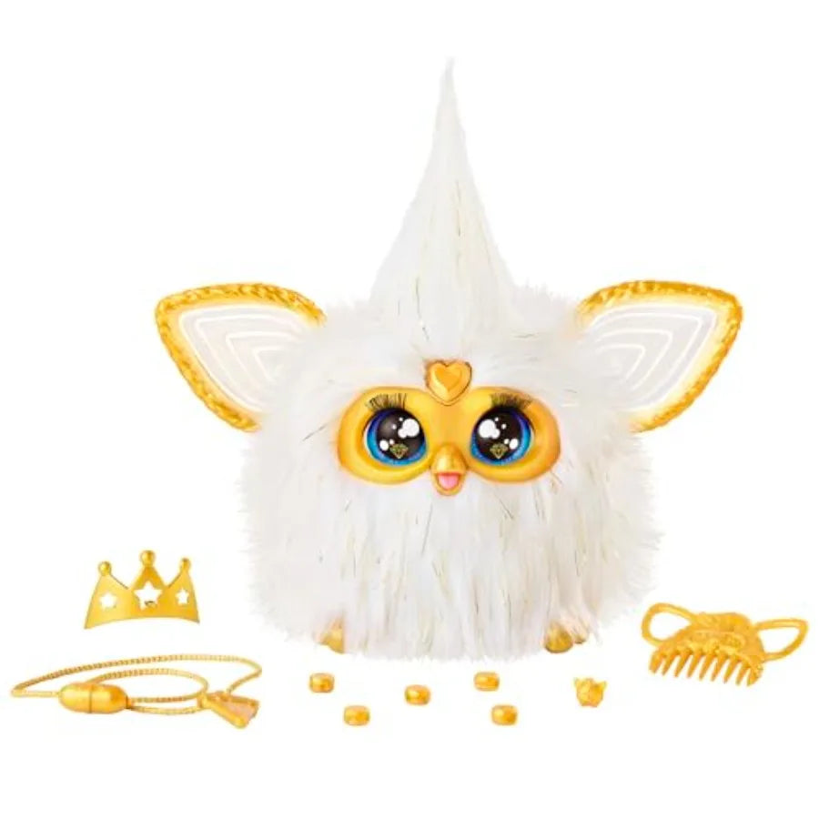 Interactive plush toy for kids 6+,  with gold glam fur ,white voice-activated with English and Furbish speech