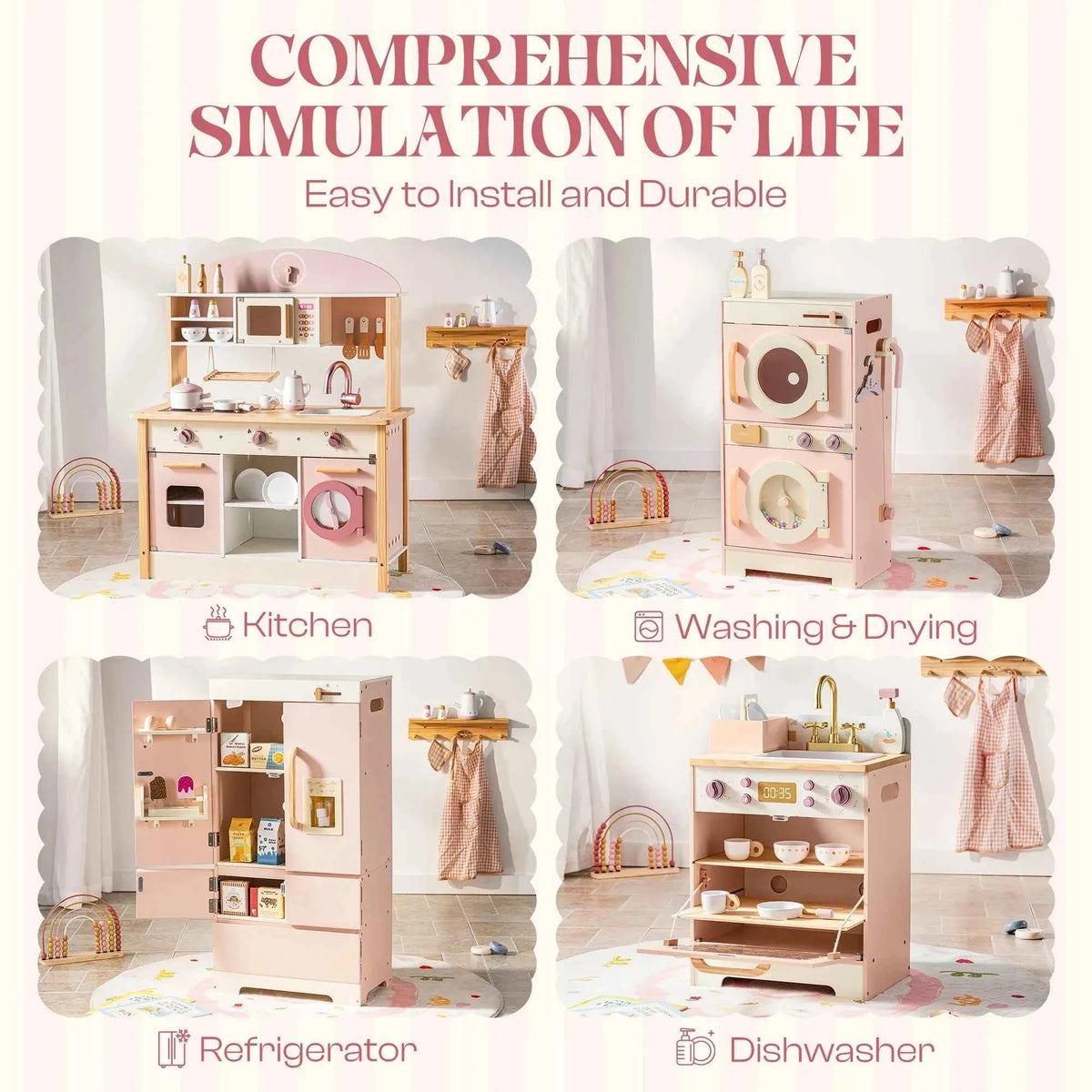 Robud Kids Wooden Pink Play Kitchen. All in 1 Corner Set Includes Oven, Refrigerator. Washer. Perfect Birthday Gift for Little Chefs.