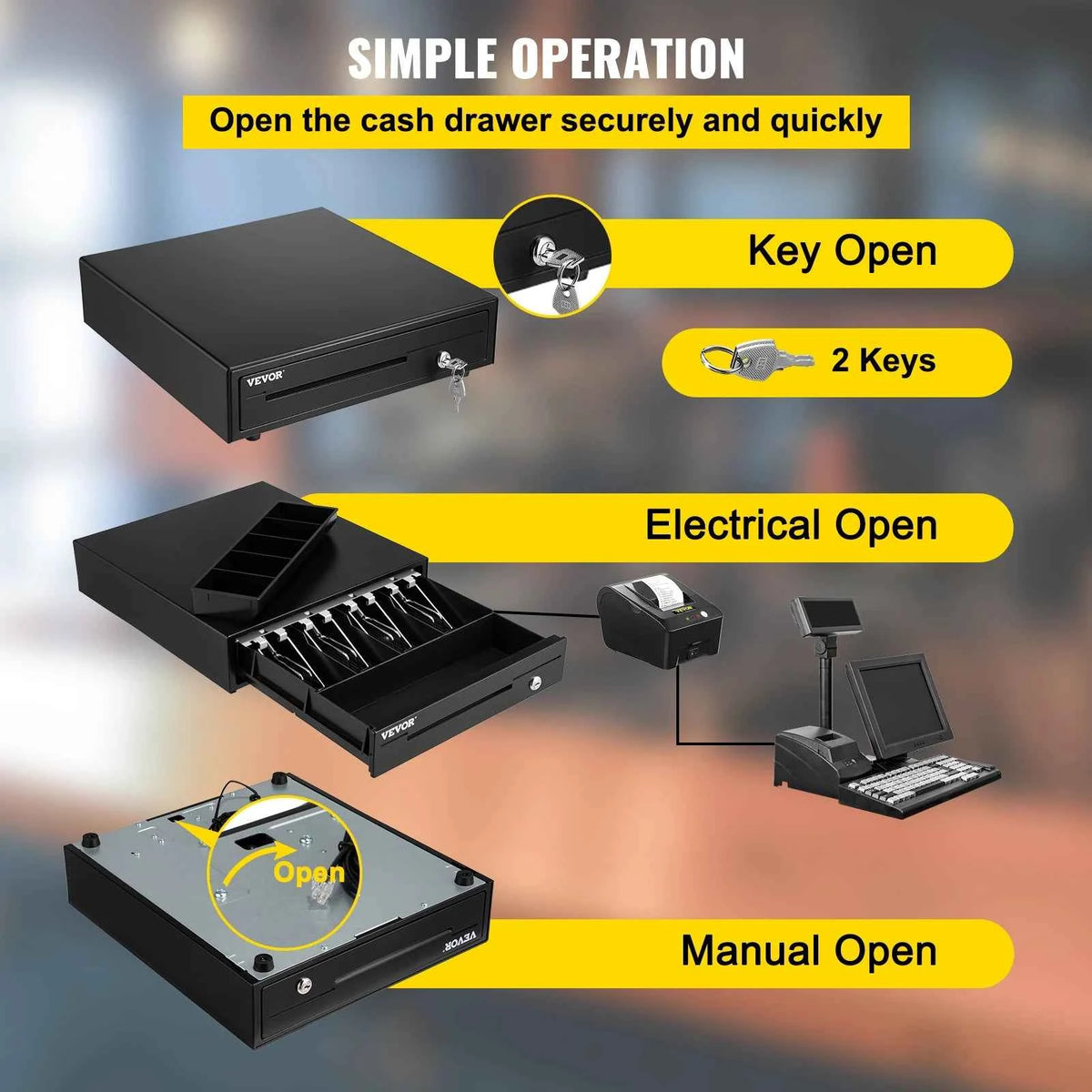 Cash Register Drawer 16" 12 V for POS System Tray.  Removable Coin Compartment & 2 Keys Included RJ11/RJ12 Cable Drawer