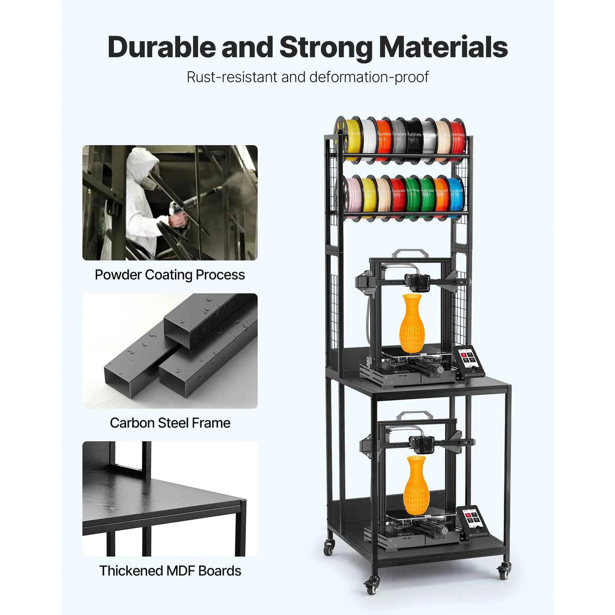 4-Tier 3D Printer Filament Storage Rack with Wheels Printer Stand Spools Holder Cart for 3D Printing Station Office