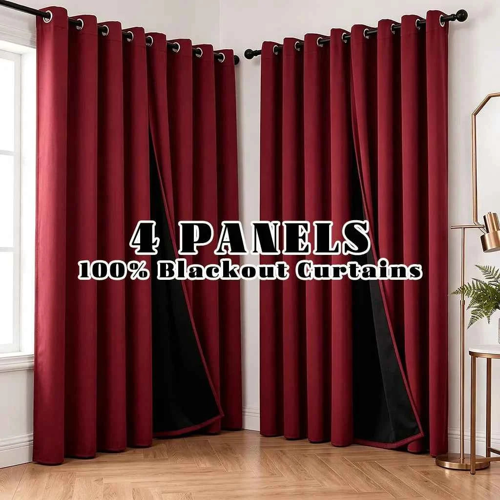 4 Panels 100% Blackout Curtains, Heat Insulation, Noise Reduction. Privacy Protection. Room Darkening Decor. Thermal Grommet, Light Blocking, Washable.