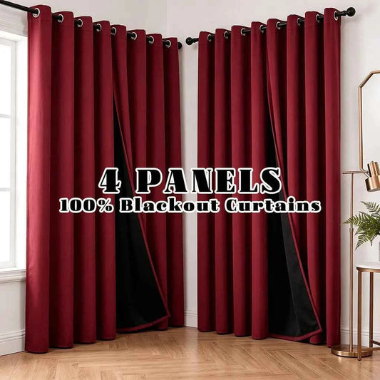 4 Panels 100% Blackout Curtains, Heat Insulation, Noise Reduction. Privacy Protection. Room Darkening Decor. Thermal Grommet, Light Blocking, Washable.