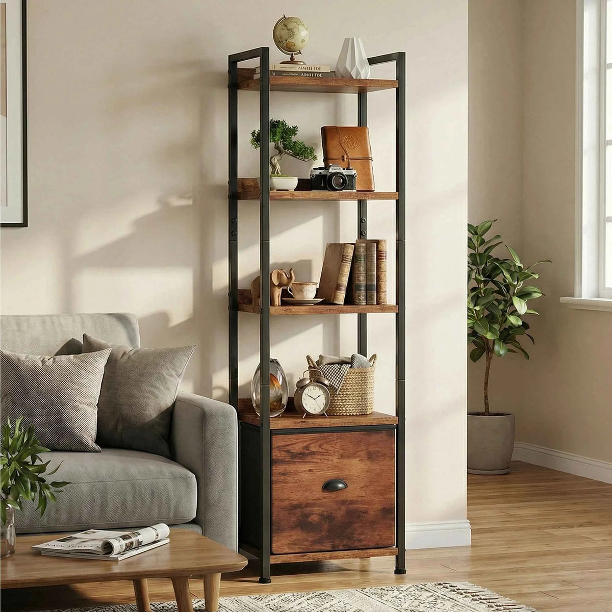 MCQ 5 Tiers Metal Classic Bookshelf with Drawer.  Freestanding Tall Display Shelving. Sturdy Structure. Graduated Shelves