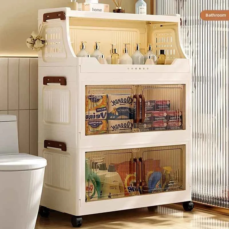 3/4-Tier Storage Cabinet with Wheels, Freestanding Kitchen Pantry Organizer with Flip Top & Transparent Doors, Plastic Rolling Storage.