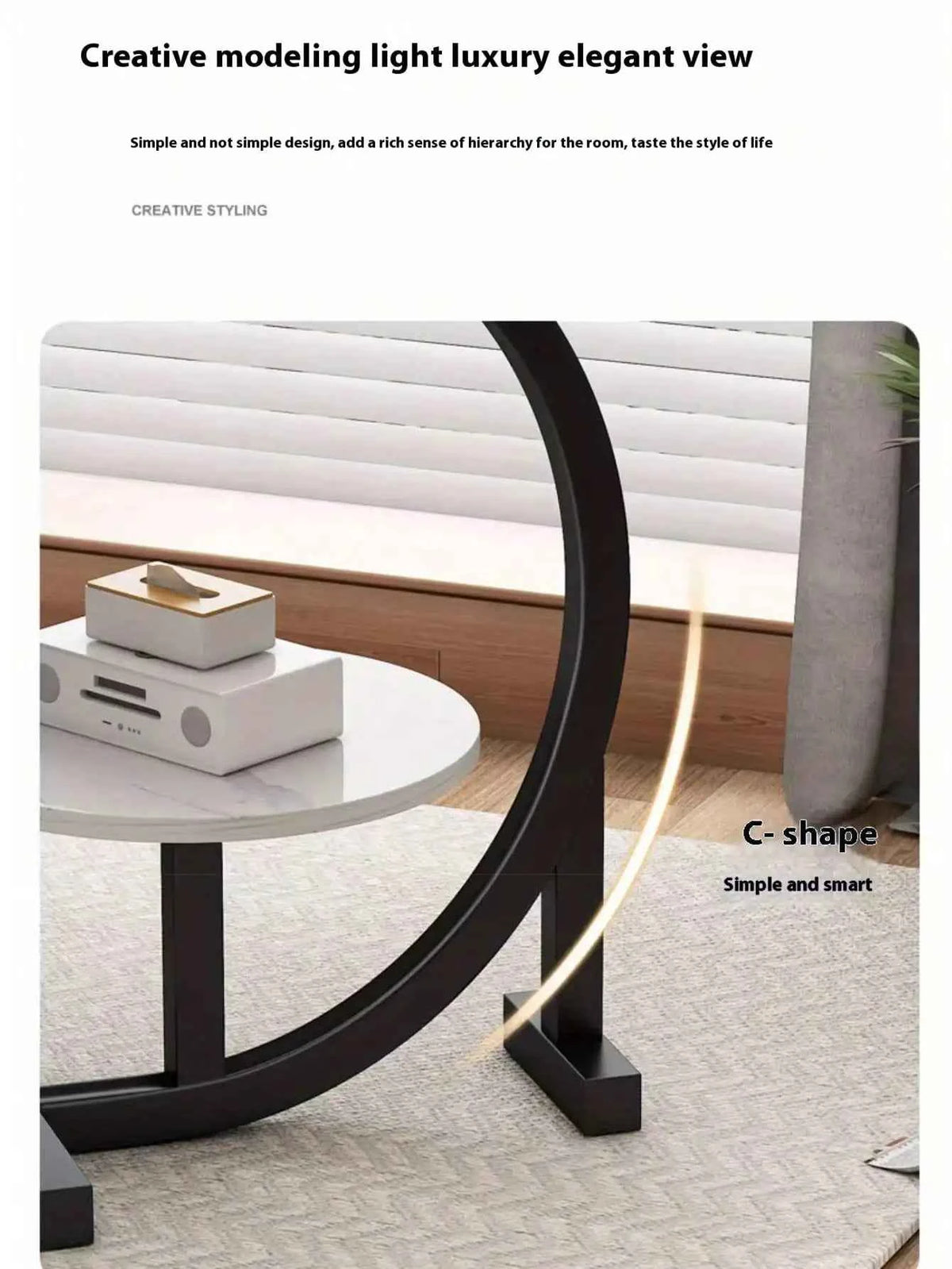 Round C Shaped 2 Tier Side Table with Modern Faux Marble.  Metal Frame. Space Saving and Small