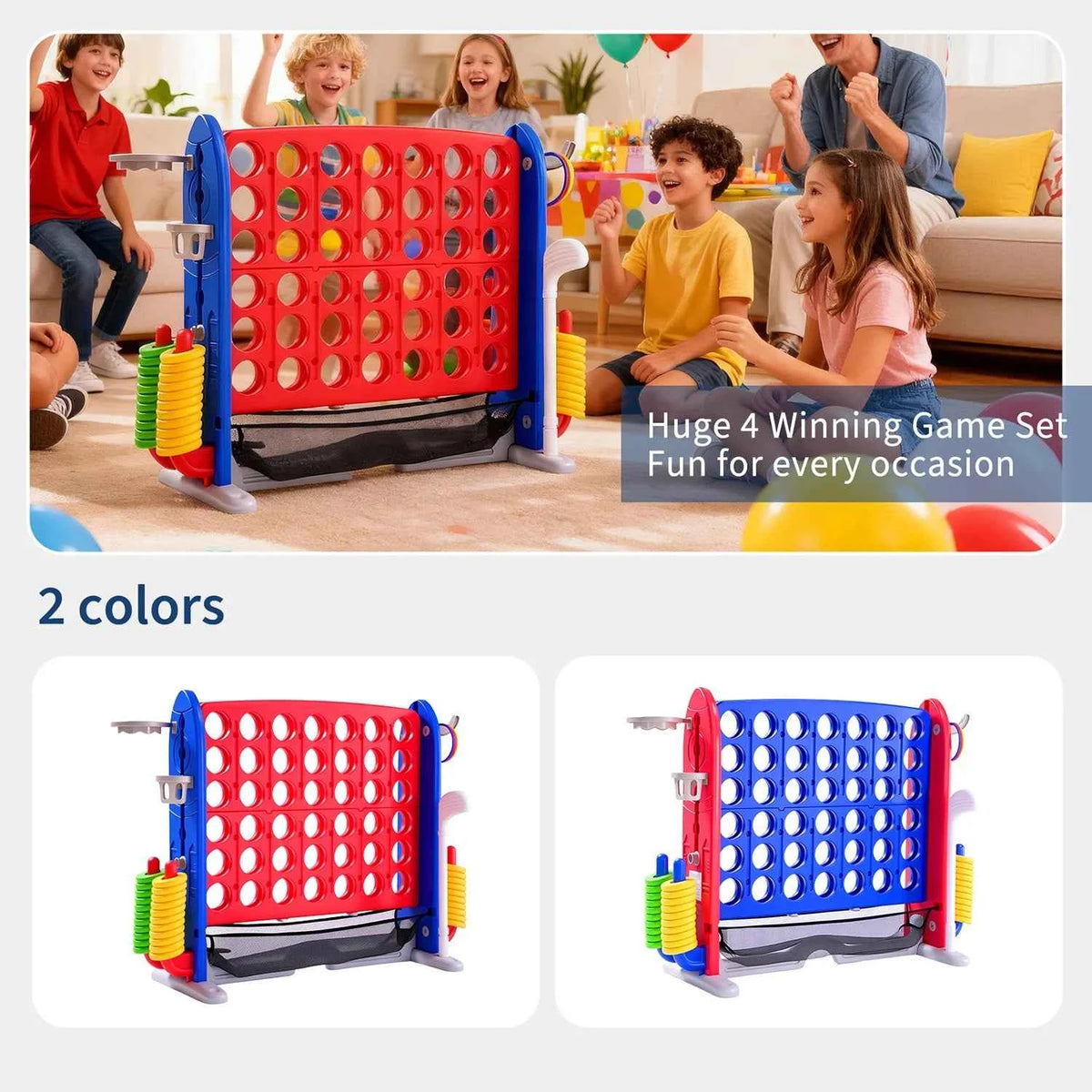 4-in-1 Giant Connect Game Set, Adjustable Height, Basketball Hoop, Ring Toss and Net Jumbo Outdoor Yard Game for Families Events